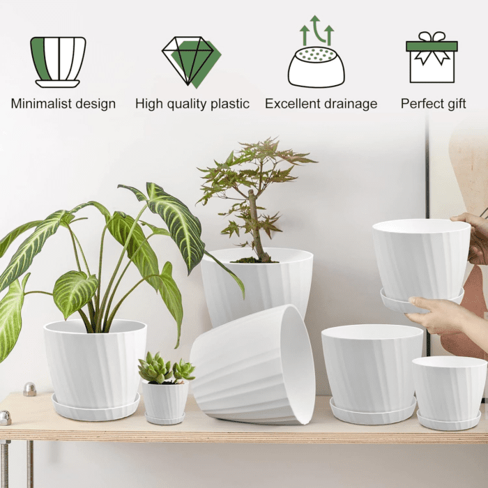 7 Pcs Plant Pots with Drainage Holes and Saucers, Indoor Planters, Set of 7 (7.5, 7, 6.5, 6, 5.5, 4.5, 3.5 Inches), White - Image 6