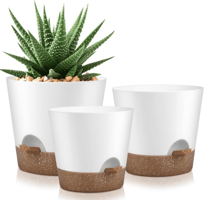 Indoor Outdoor Plant Pots- Self Watering Planters with Drainage Holes and Saucers, 9,8, 7.5 Inches, 3 Pots (Snow)