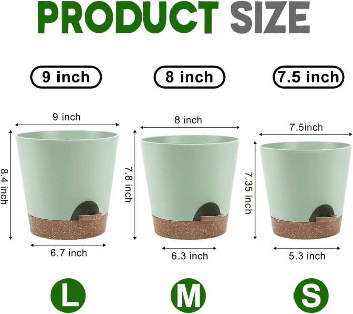 Indoor Self Watering Planters with Drainage Holes and Saucers, 9,8, 7.5 Inches, Green, 3 Pots (Springgreen) - Image 2