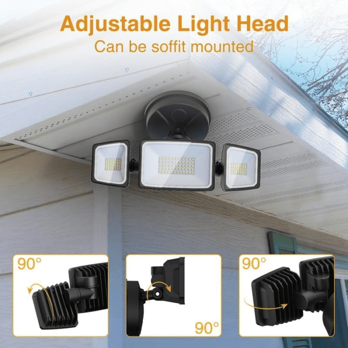 60W Flood Lights Outdoor, 6000LM Brightness Security Lights Switch Controlled, 3 Adjustable Heads, IP65 Waterproof, 6500K Wall Mount Exterior LED Flood Light - Image 4