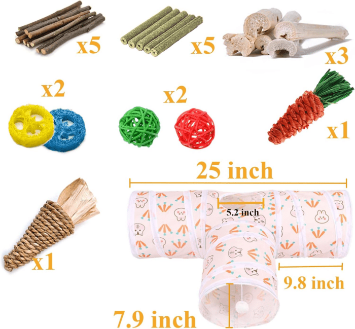 Rabbit Toys, Bunny Tunnels & Tubes, Collapsible 3 Way Rabbit Hideout Tunnel with Chew Toys for Rabbit Bunny Guinea Pig Ferret Kitten - Image 6