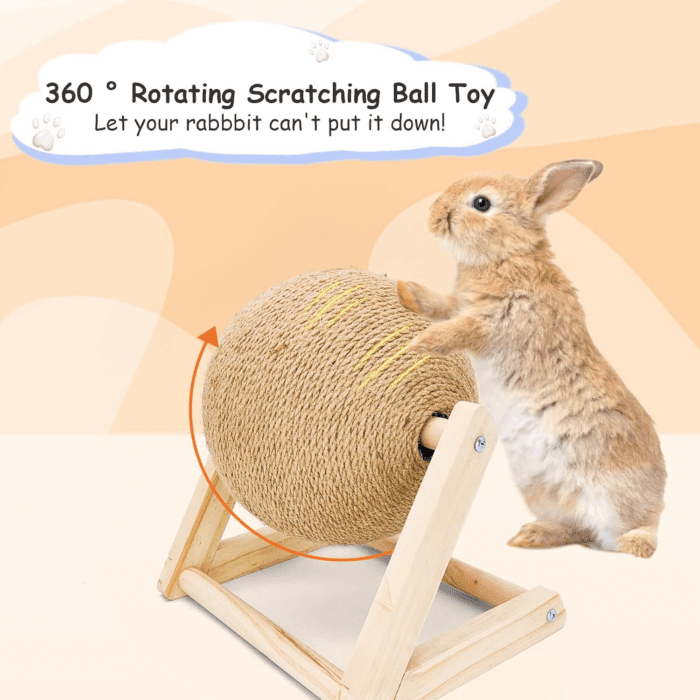 Rabbit Scratch Toy Wooden Sisal Rabbit Scratching Ball Bunny Scratcher with Ball for Rabbits Bunnies Ferrets Kittens Small Animals (Small) - Image 2