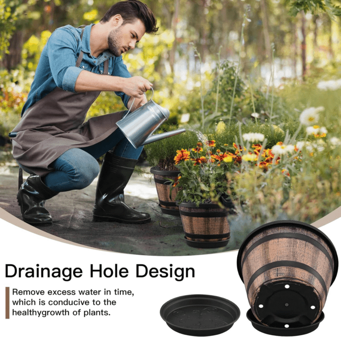 3 Pack 10 Inch Plant Pots,Whiskey Barrel Planters with Drainage Holes & Saucer, Plastic Decoration Flower Pots Imitation Wine Barrel Design, for Indoor & Outdoor Garden Home Plants (Brown) - Image 3