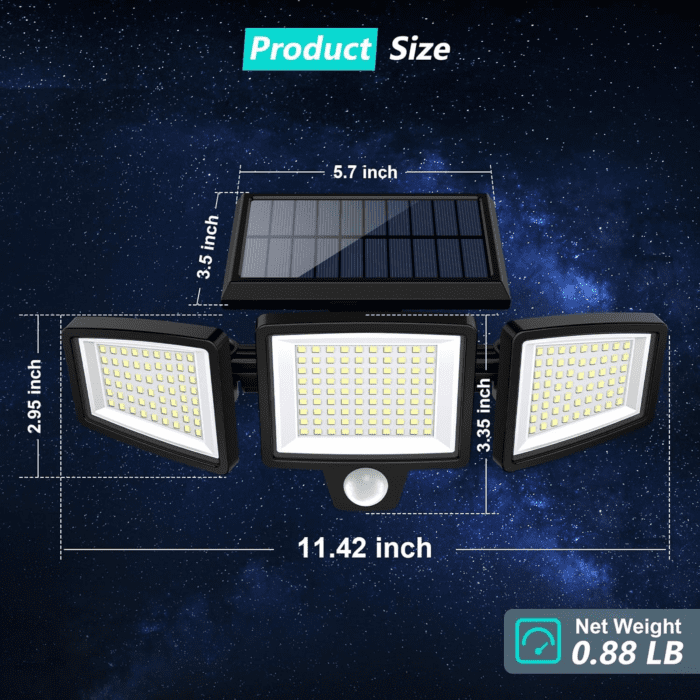 Solar Outdoor Lights 2500LM 210 LED Security Lights with Remote Control,3 Heads Motion Sensor Lights, IP65 Waterproof,270° Wide Angle Flood Wall Lights with 3 Modes(2 Packs) - Image 3