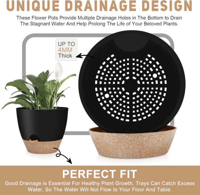 12" 10" 9" Large Self Watering Plant Pots, 3 Pack Flower Pots Planters with Multi Mesh Drainage Holes for Indoor Outdoor Garden Plants and Flowers (Black) - Image 6