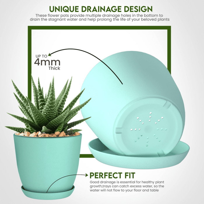 - Plant Pots Indoor with Drainage - 7/6.6/6/5.3/4.8 Inches Home Decor Flower Pots for Indoor Planter - Pack of 5 Plastic Planters for Indoor Plants, Cactus, Succulents Pot - Aqua - Image 3