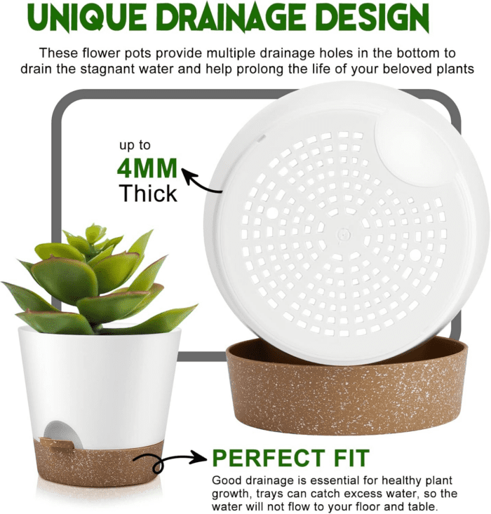 Indoor Outdoor Plant Pots- Self Watering Planters with Drainage Holes and Saucers, 9,8, 7.5 Inches, 3 Pots (Snow) - Image 3