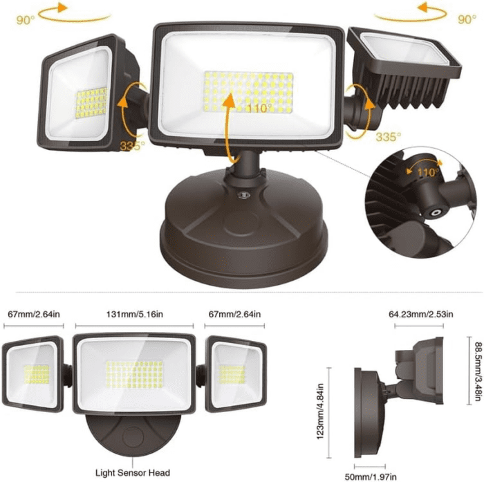 60W Flood Lights Outdoor, 6000LM Brightness Security Lights Switch Controlled, 3 Adjustable Heads, IP65 Waterproof, 6500K Wall Mount Exterior LED Flood Light - Image 8