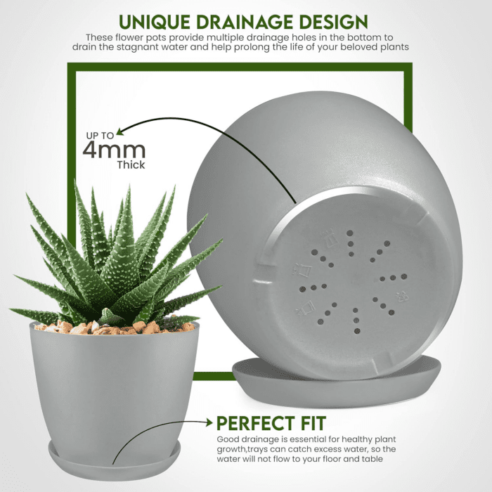 - Plant Pots Indoor with Drainage - 7/6.6/6/5.3/4.8 Inches Home Decor Flower Pots for Indoor Planter - Pack of 5 Plastic Planters for Indoor Plants, Cactus, Succulents Pot - Gray - Image 3