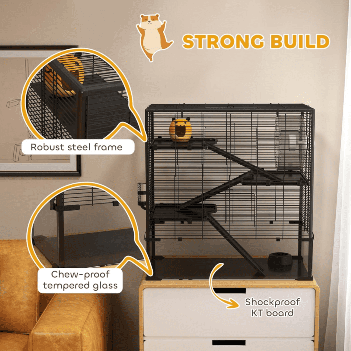 Large Hamster Cage with Deep Tempered Glass Bottom, 4 Tiers Hamster Tank with Running Wheel, Hut, Water Bottle, Dish, Rat Cage for Syrian, Dwarf, Gerbils, Mouse, 31" X 19" X 31.5", Black - Image 7