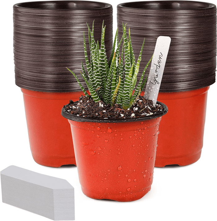 4" Small Plastic Plant Nursery Pot/Pots (100Pcs Pots and 100Pcs Plant Labels) Seedlings Flower Plant Container (Red) Seed Starting Pots Indoor Outdoor