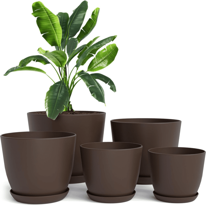 - Plant Pots Indoor with Drainage - 7/6.6/6/5.3/4.8 Inches Home Decor Flower Pots for Indoor Planter - Pack of 5 Plastic Planters for Indoor Plants, Cactus, Succulents Pot - Brown