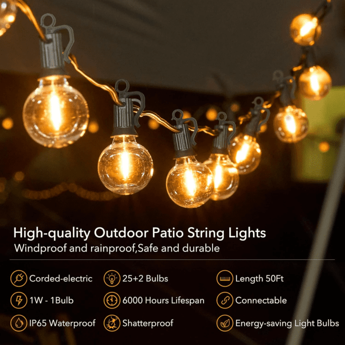 Outdoor String Lights - Connectable Dimmable LED Patio String Lights with G40 Globe Plastic Bulbs, All Weatherproof Hanging Lights for outside Backyard Porch (50 Ft - 25 LED Bulbs) - Image 3