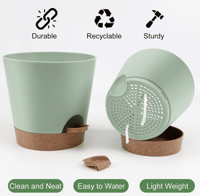 Indoor Self Watering Planters with Drainage Holes and Saucers, 8, 7, 6.5, 6, 5.5, 5 Inches, Green, 6 Pots - Image 3