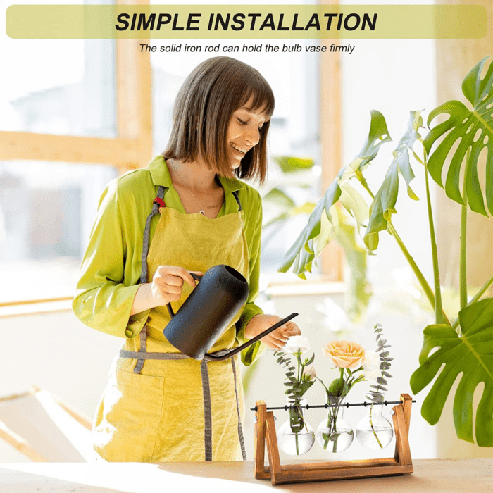 Plant Terrarium with Wooden Stand, Air Planter Bulb Glass Vase Metal Swivel Holder Retro Tabletop for Hydroponics Home Garden Office Decoration - 3 Bulb Vase - Image 4