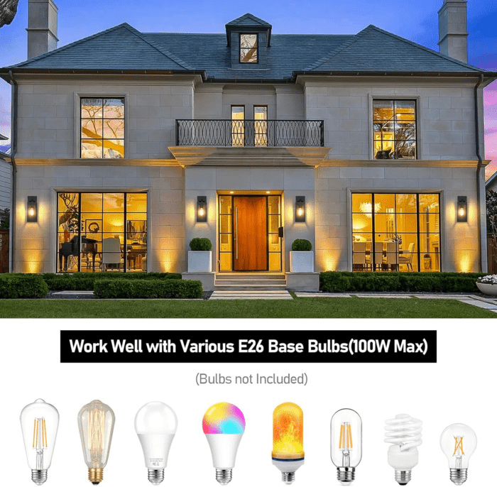 Outdoor Wall Light Fixtures, Exterior Waterproof Lanterns, Porch Sconces Wall Mounted Lighting with E26 Sockets & Glass Shades, Modern Matte Black Wall Lamps for Patio Front Door Entryway, 2-Pack - Image 4