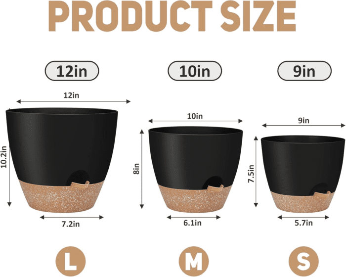 12" 10" 9" Large Self Watering Plant Pots, 3 Pack Flower Pots Planters with Multi Mesh Drainage Holes for Indoor Outdoor Garden Plants and Flowers (Black) - Image 2