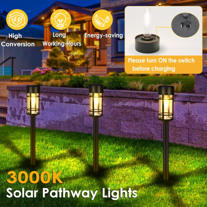 Solar Pathway Lights, 8 Pack LED Solar Lights Outdoor Waterproof, Glass Solar Garden Lights Landscape Lighting for Yard Lawn Walkway Driveway, 3000K - Image 3