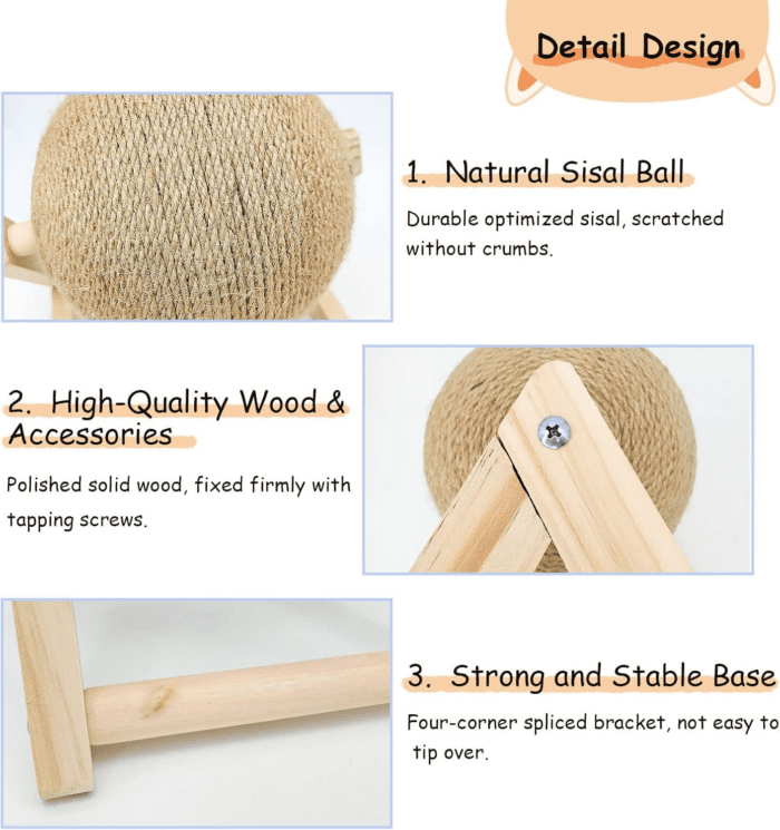 Rabbit Scratch Toy Wooden Sisal Rabbit Scratching Ball Bunny Scratcher with Ball for Rabbits Bunnies Ferrets Kittens Small Animals (Small) - Image 3