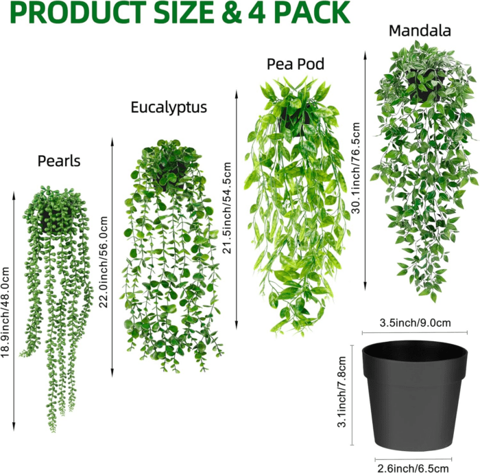 Artificial Hanging Plants for Shelf, 4 Pack Fake Potted Greenery Faux Eucalyptus Vine, Mandala Vine, String of Pearls,Pea Pod Leaves in Pot for Office Living Room Bathroom Indoor Outdoor Décor - Image 2