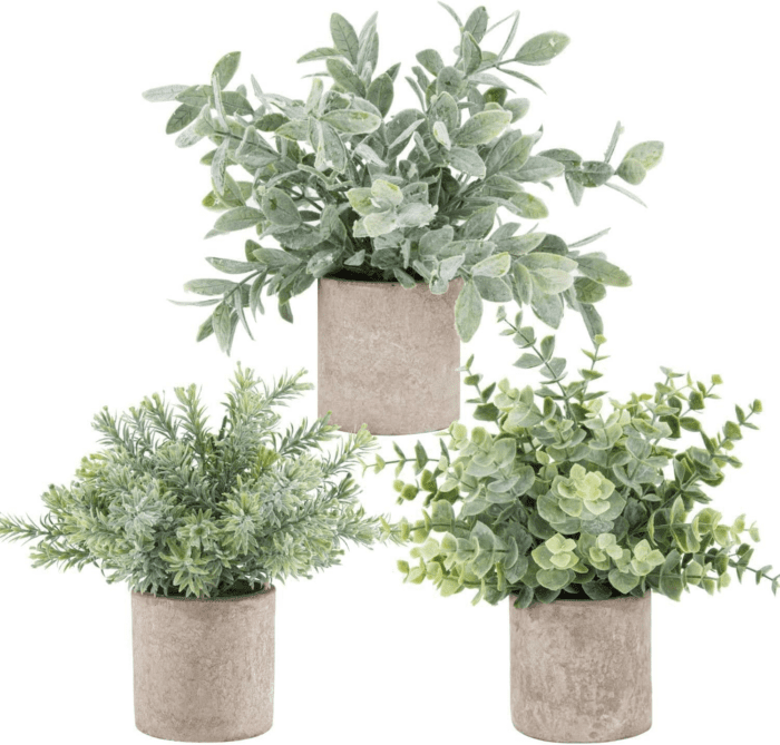 3 Pack Mini Potted Fake Plants Artificial Plastic Eucalyptus Plants Topiaries for Home Office Desk Farmhouse Room Decor