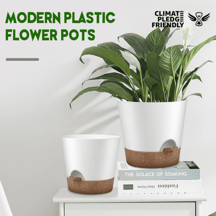 Indoor Outdoor Plant Pots- Self Watering Planters with Drainage Holes and Saucers, 9,8, 7.5 Inches, 3 Pots (Snow) - Image 4