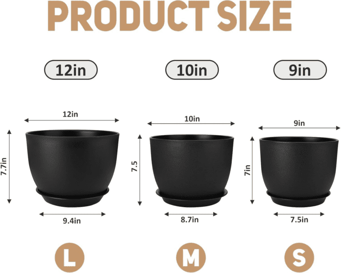 Plant Pots 12/10/9 Inch Set of 3, Flower Pots with Multi Mesh Drainage Holes, Large Planters for Indoor Outdoor Garden Plants and Flowers. (Black) - Image 2