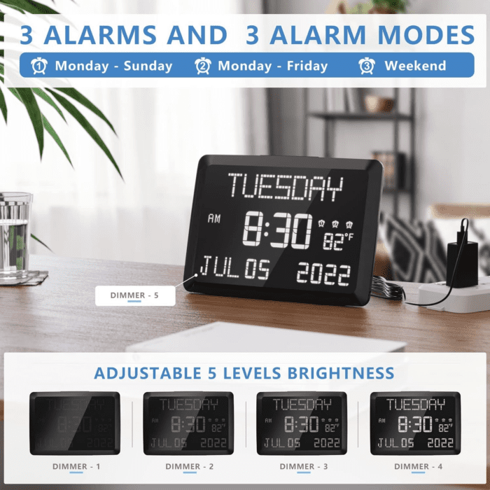 Digital Clock, 11.5" Large Display Digital Wall Clock,Adjustable Brightness Calendar Clock with Day and Date, Indoor Temperature, Snooze,12/24H, DST for Home, Office, Elderly - Image 4