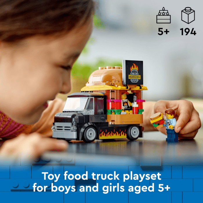 City Burger Truck Toy Building Set, Fun Gift for Kids Ages 5 Plus, Burger Van and Kitchen Playset, Vendor Minifigure and Accessories, Imaginative Pretend Play for Boys and Girls, 60404 - Image 2