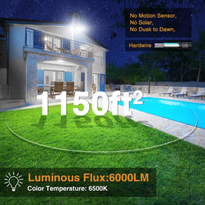 60W Flood Lights Outdoor, 6000LM Brightness Security Lights Switch Controlled, 3 Adjustable Heads, IP65 Waterproof, 6500K Wall Mount Exterior LED Flood Light - Image 2