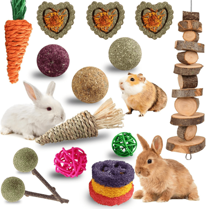 18 PCS Bunny Toys, Rabbit Toys Guinea Pig Toys Natural Apple Wood Grass Timothy Sticks Chew and Treat for Guinea Pigs Hamster Chinchillas