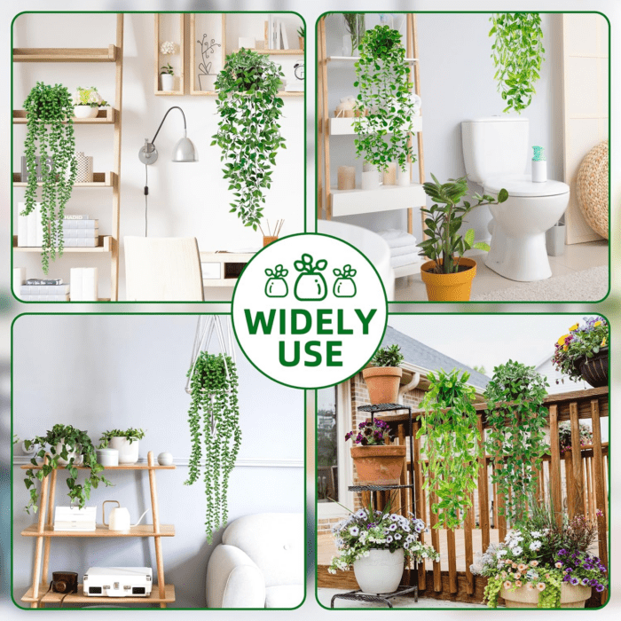 Artificial Hanging Plants for Shelf, 4 Pack Fake Potted Greenery Faux Eucalyptus Vine, Mandala Vine, String of Pearls,Pea Pod Leaves in Pot for Office Living Room Bathroom Indoor Outdoor Décor - Image 4