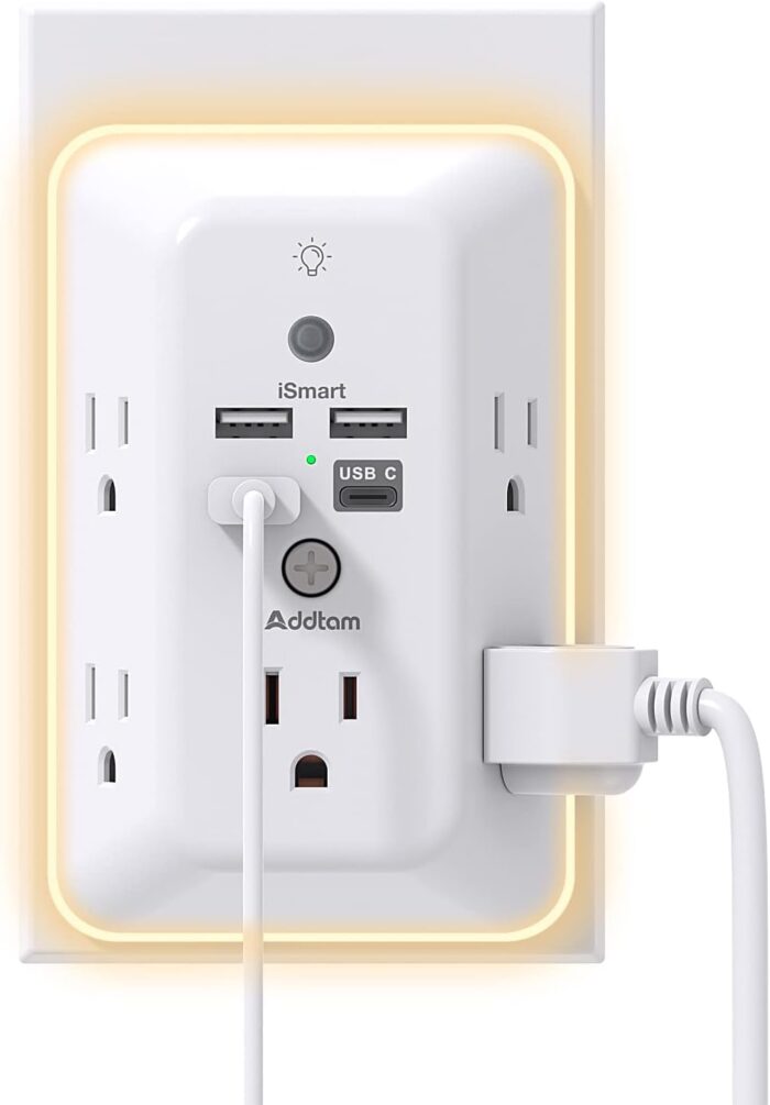 Surge Protector, Outlet Extender with Night Light,  5-Outlet Splitter and 4 USB Ports(1 USB C), Multi Plug Wall Outlet for Home Office Dorm Room Essentials