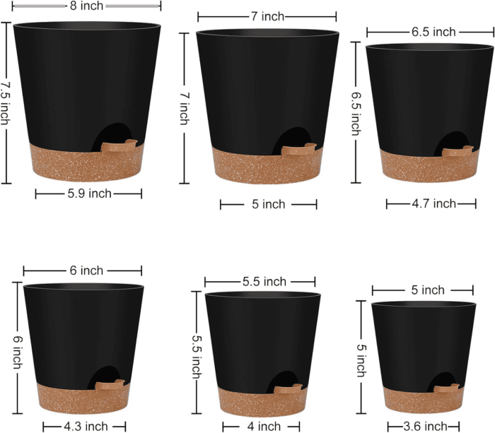 Indoor Self Watering Planters with Drainage Holes and Saucers, 8, 7, 6.5, 6, 5.5, 5 Inches, Black, 6 Pots - Image 2