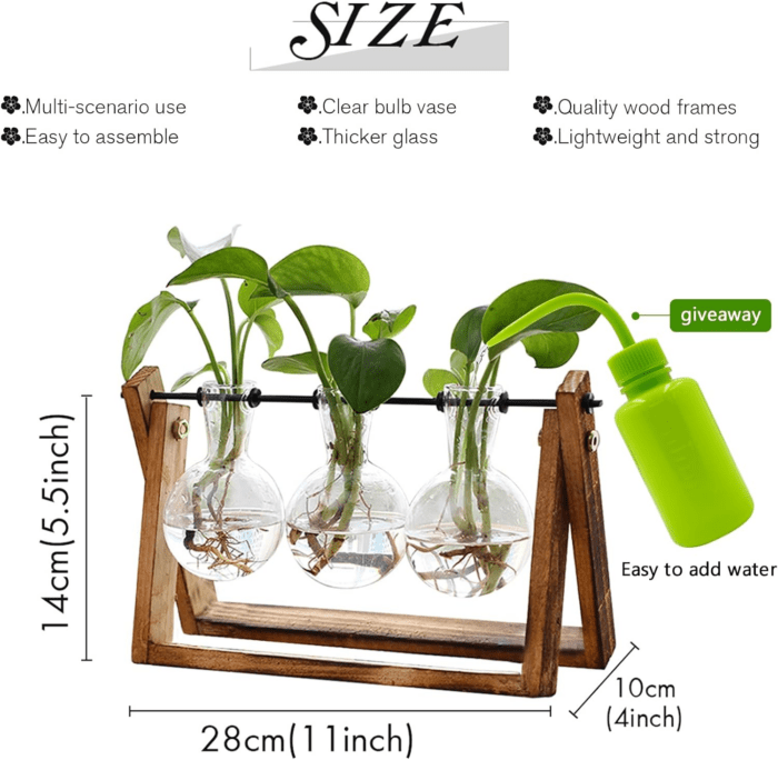 Plant Terrarium with Wooden Stand, Air Planter Bulb Glass Vase Metal Swivel Holder Retro Tabletop for Hydroponics Home Garden Office Decoration - 3 Bulb Vase - Image 2