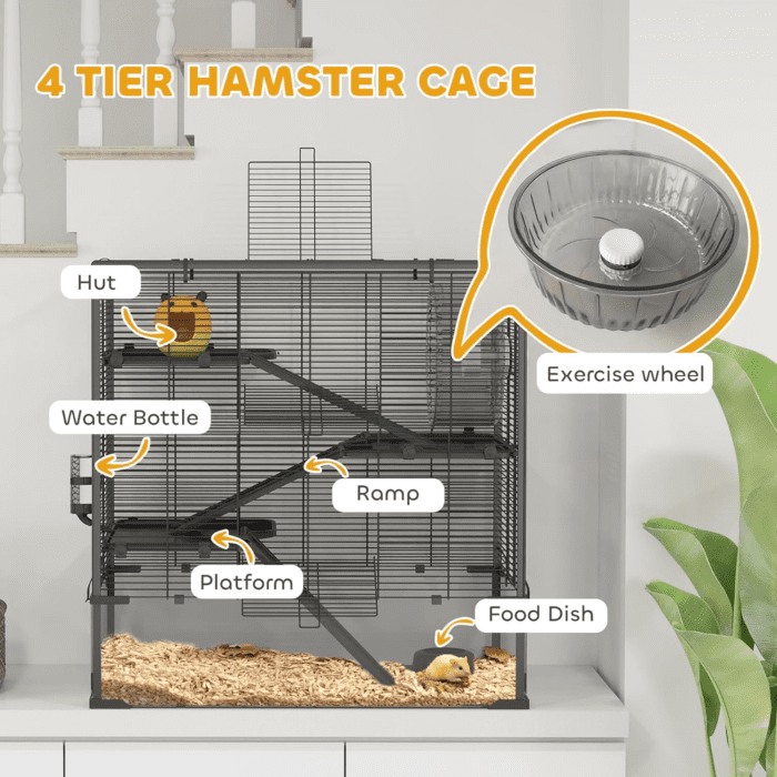 Large Hamster Cage with Deep Tempered Glass Bottom, 4 Tiers Hamster Tank with Running Wheel, Hut, Water Bottle, Dish, Rat Cage for Syrian, Dwarf, Gerbils, Mouse, 31" X 19" X 31.5", Black - Image 4