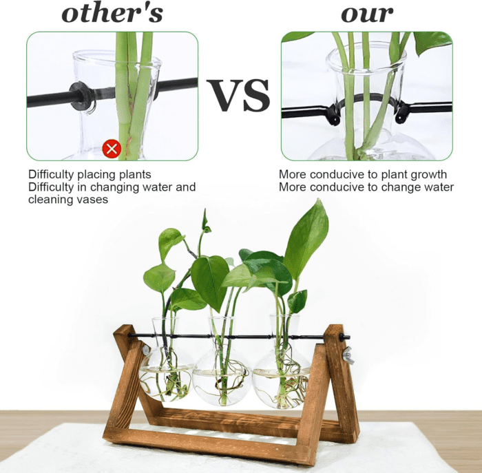 Plant Propagation Station, Plant Terrarium with Wooden Stand, Unique Gardening Birthday Gifts for Women Plant Lovers, Home Office Garden Decor Planter - 3 Bulb Glass Vases - Image 2