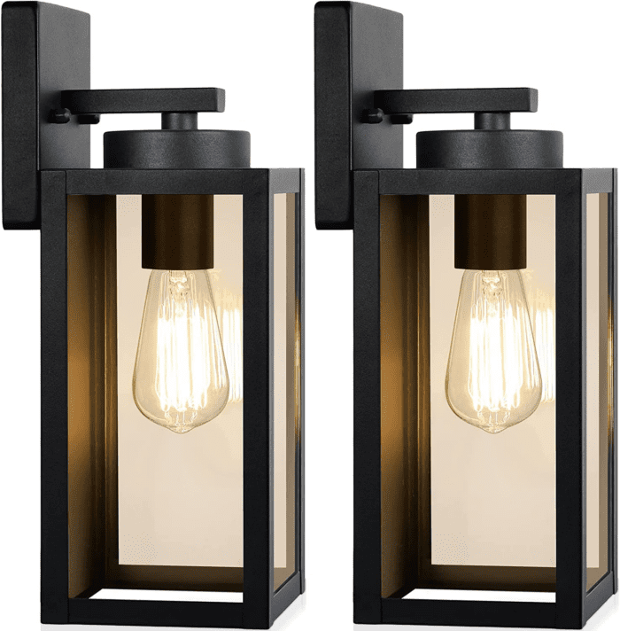 Outdoor Wall Light Fixtures, Exterior Waterproof Lanterns, Porch Sconces Wall Mounted Lighting with E26 Sockets & Glass Shades, Modern Matte Black Wall Lamps for Patio Front Door Entryway, 2-Pack