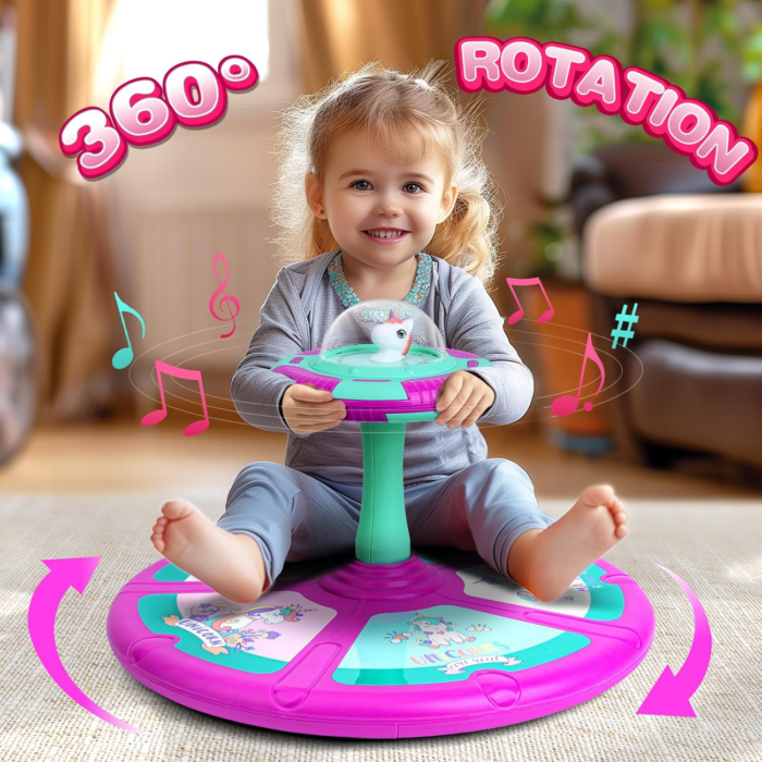 Unicorn Sit and Spin Toy for Toddlers Girls Ages 1-3 2-4, Birthday Gift for 2 3 4 Years Old Girl, 360° Spin Seat Kids Indoor Interactive Sensory Toy with LED & Music - Image 2