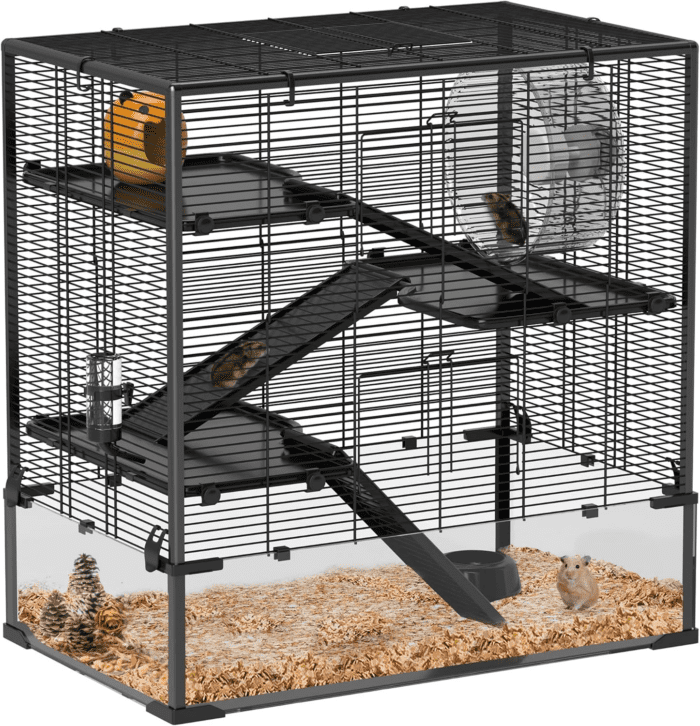 Large Hamster Cage with Deep Tempered Glass Bottom, 4 Tiers Hamster Tank with Running Wheel, Hut, Water Bottle, Dish, Rat Cage for Syrian, Dwarf, Gerbils, Mouse, 31" X 19" X 31.5", Black