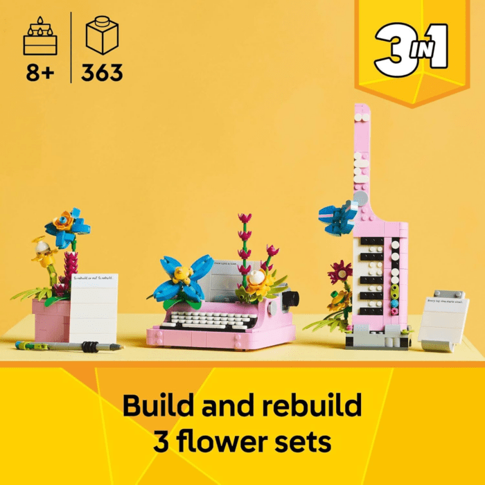 Creator 3 in 1 Typewriter with Flowers - Building Toy with 3 Building Options, Typewriter, Flowerpot with Pen & Notebook, or Keytar - Gift Idea for Birthdays - 31169 - Image 2