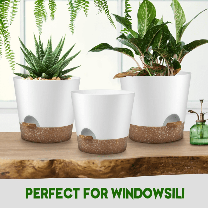 Indoor Outdoor Plant Pots- Self Watering Planters with Drainage Holes and Saucers, 9,8, 7.5 Inches, 3 Pots (Snow) - Image 6