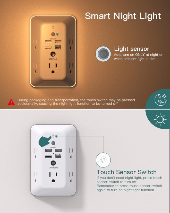 Surge Protector, Outlet Extender with Night Light,  5-Outlet Splitter and 4 USB Ports(1 USB C), Multi Plug Wall Outlet for Home Office Dorm Room Essentials - Image 4