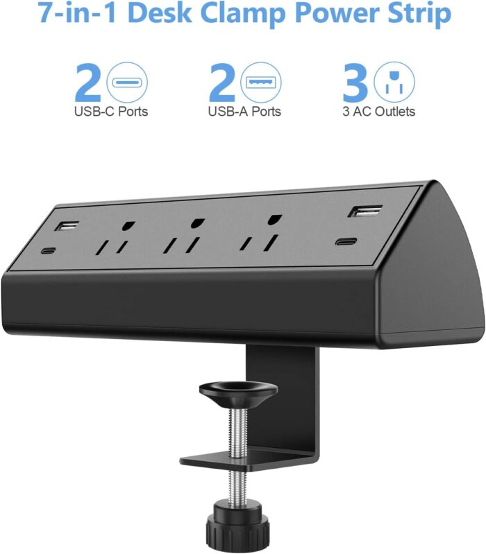 Desk Clamp Power Strip USB C,Desktop Mount Surge Protector,40W Fast Charging Station,2 PD 20W USB C Ports,3 Outlets,6Ft Flat Plug,Desk Edge Power Strip for Home,Office,Fit 1.96" Tabletop Edge - Image 3