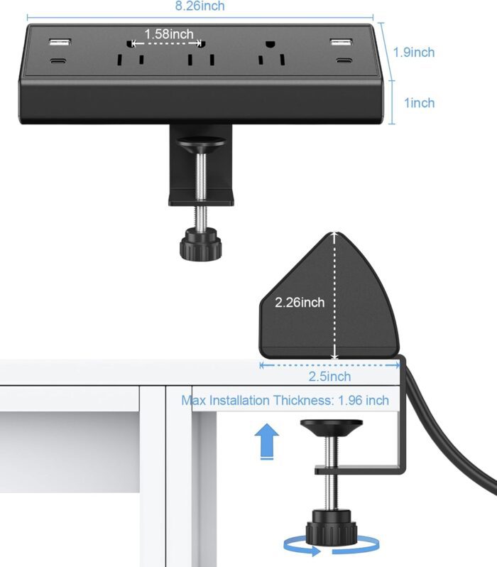 Desk Clamp Power Strip USB C,Desktop Mount Surge Protector,40W Fast Charging Station,2 PD 20W USB C Ports,3 Outlets,6Ft Flat Plug,Desk Edge Power Strip for Home,Office,Fit 1.96" Tabletop Edge - Image 7