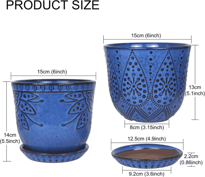 6 Inch Beaded Ceramic Planter Set of 2 with Drainage Hole and Saucer for Plants, Indoor-Outdoor Large round Succulent Orchid Flower Pot (Blue, for Inner-Pots Not Larger than 5 Inch) - Image 2