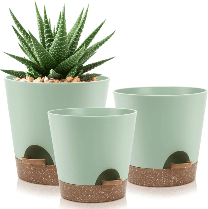 Indoor Self Watering Planters with Drainage Holes and Saucers, 9,8, 7.5 Inches, Green, 3 Pots (Springgreen)