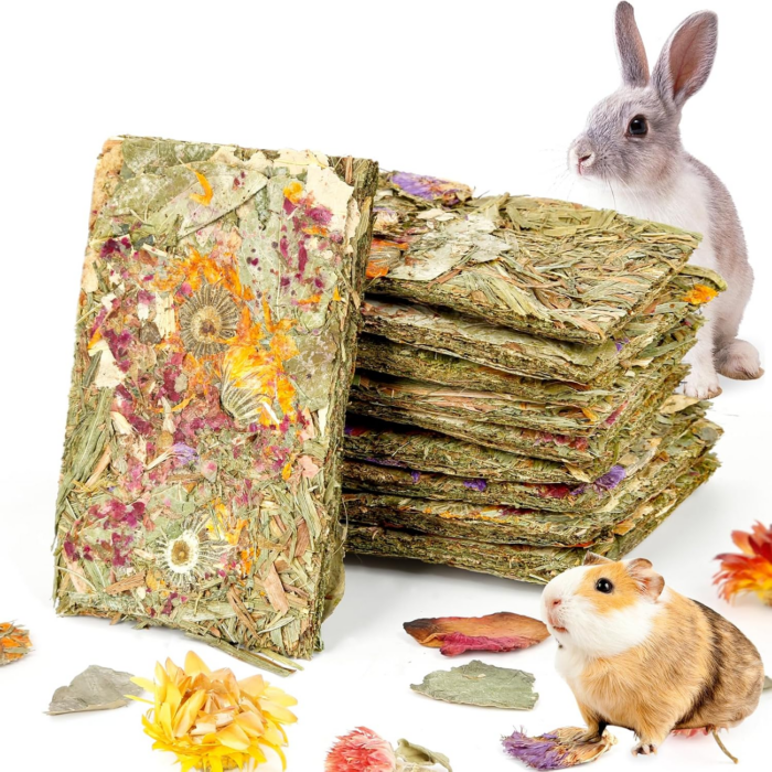 Rabbit Natural Treats,10Pcs Timothy Hay Toys Chips Bunny Chew Toys with Herbal Flowers Guinea Pig Treats for Hamster Chinchillas Gerbils Rats Small Animals Teeth Care Crisp Snacks