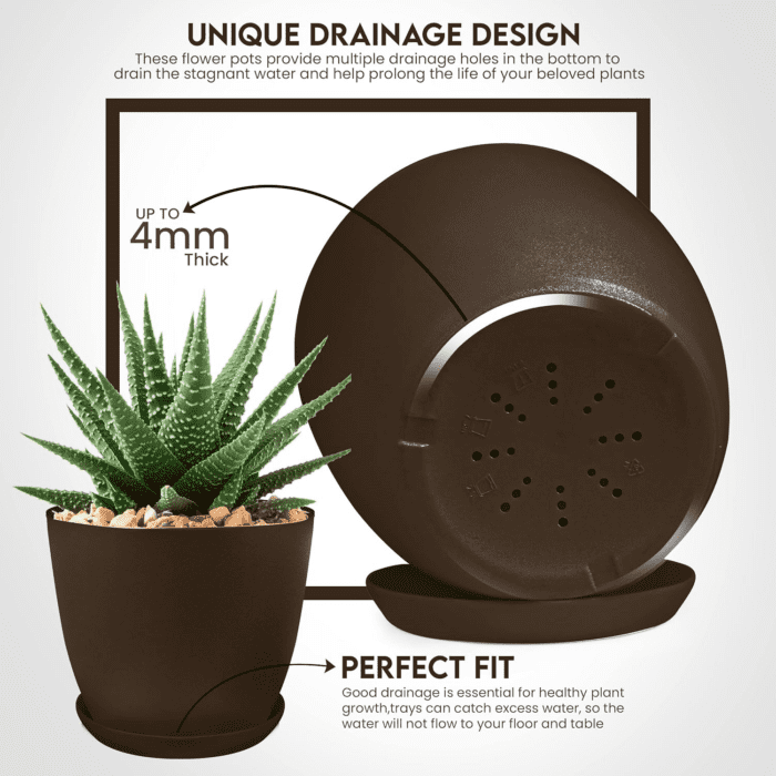 - Plant Pots Indoor with Drainage - 7/6.6/6/5.3/4.8 Inches Home Decor Flower Pots for Indoor Planter - Pack of 5 Plastic Planters for Indoor Plants, Cactus, Succulents Pot - Brown - Image 3