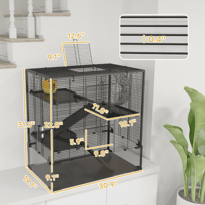 Large Hamster Cage with Deep Tempered Glass Bottom, 4 Tiers Hamster Tank with Running Wheel, Hut, Water Bottle, Dish, Rat Cage for Syrian, Dwarf, Gerbils, Mouse, 31" X 19" X 31.5", Black - Image 5